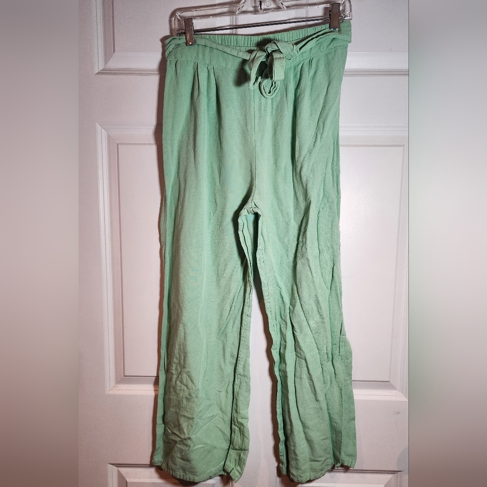 Midnight Sky Stretchy Green Rayon Cotton Linen Wide Leg Pants M